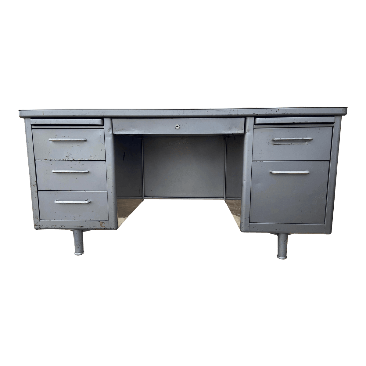 1970s Steelcase Vintage Mid Century Modern Metal Tanker Desk With Patina - Thumbnail 2