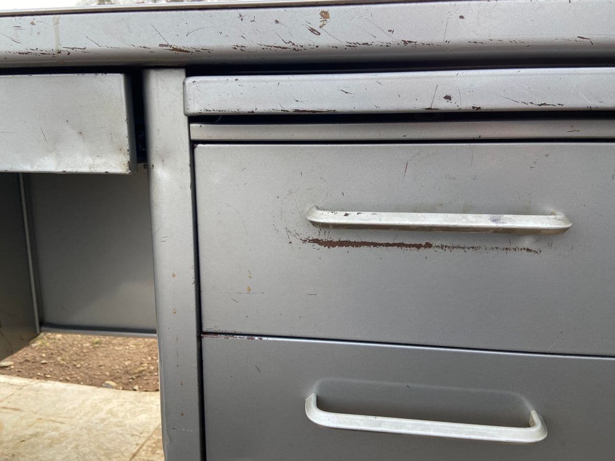 1970s Steelcase Vintage Mid Century Modern Metal Tanker Desk With Patina - Thumbnail 11