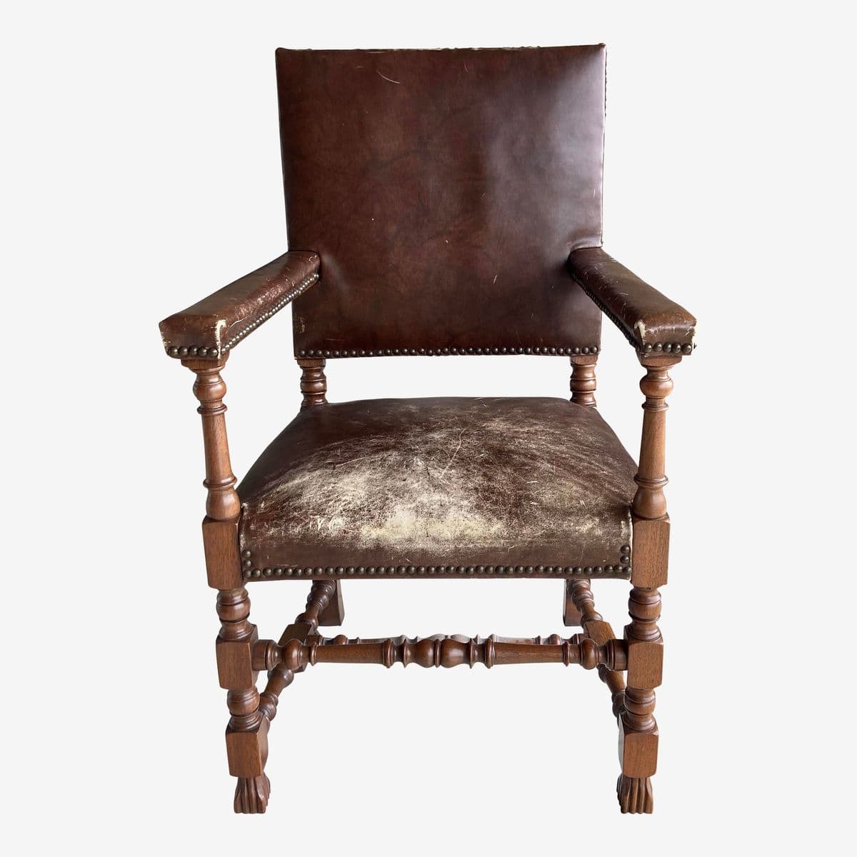 Antique High Back Carved Wood Leather Chair - Image 1
