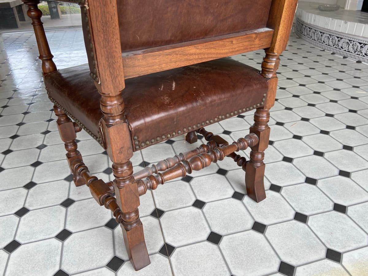 Antique High Back Carved Wood Leather Chair - Thumbnail 11