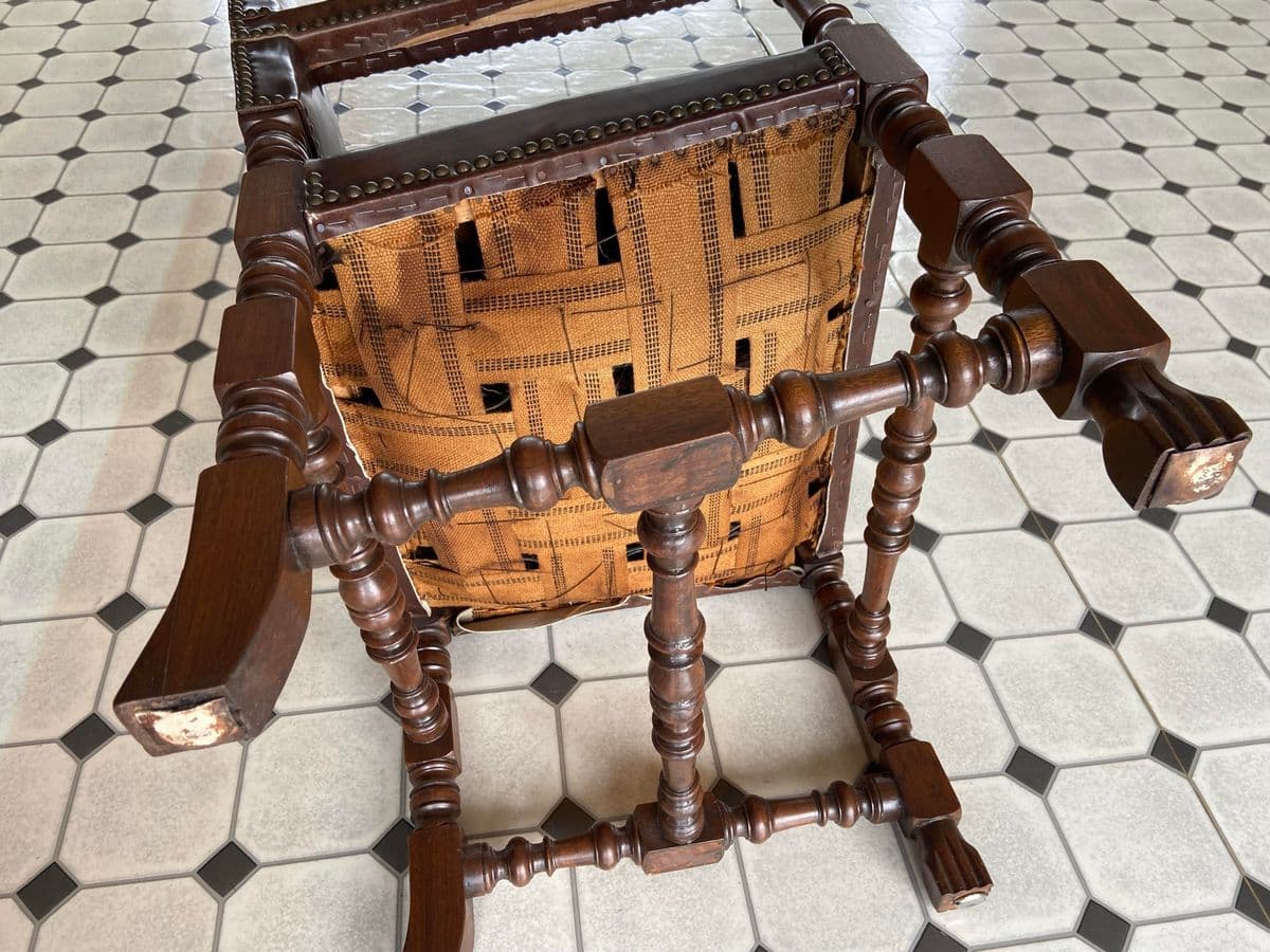 Antique High Back Carved Wood Leather Chair - Thumbnail 13