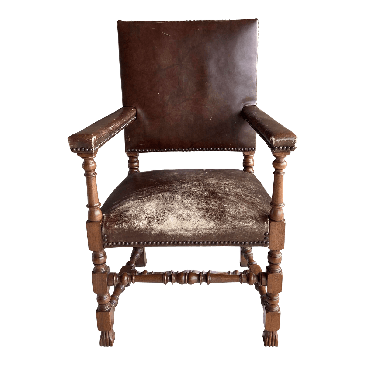 Antique High Back Carved Wood Leather Chair - Thumbnail 2