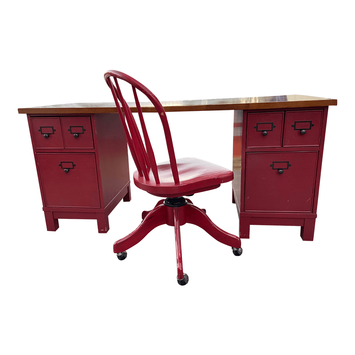 Pottery Barn Farmhouse Distressed Wood Desk and Chair - Set of 2 - Thumbnail 2