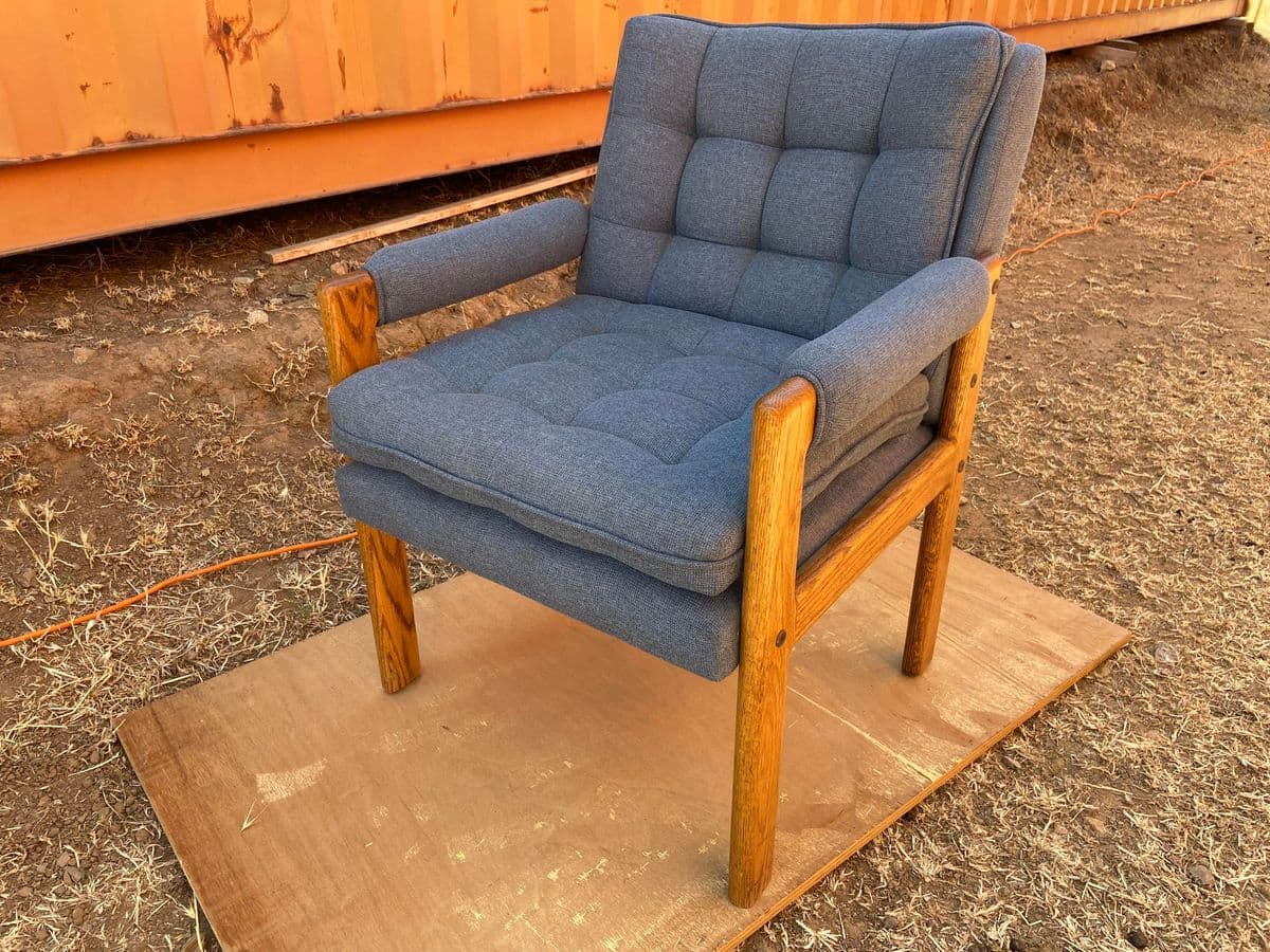 1990s Vintage Upholstered Fabric Arm Oak Chair - Thumbnail 4