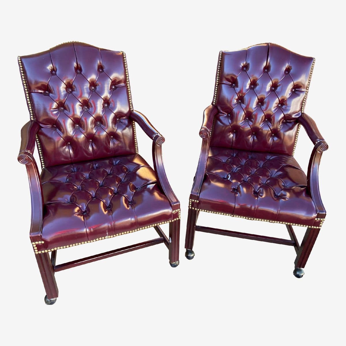 Vintage Traditional Queen Anne Style Oxblood Faux Leather Armchairs - Set of 2 - Image 1