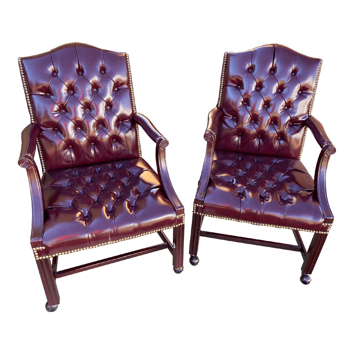 Vintage Traditional Queen Anne Style Oxblood Faux Leather Armchairs - Set of 2 - Thumbnail 2