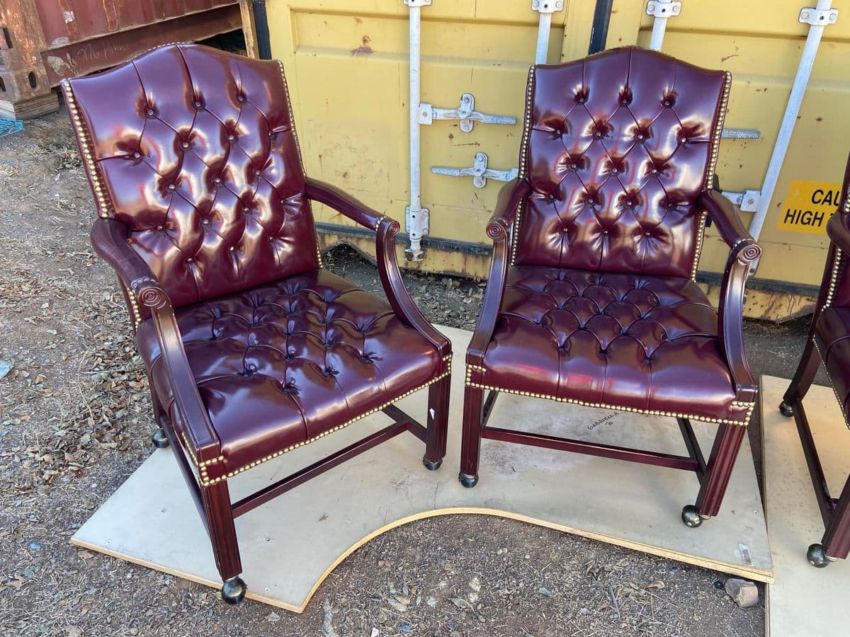Vintage Traditional Queen Anne Style Oxblood Faux Leather Armchairs - Set of 2 - Thumbnail 12