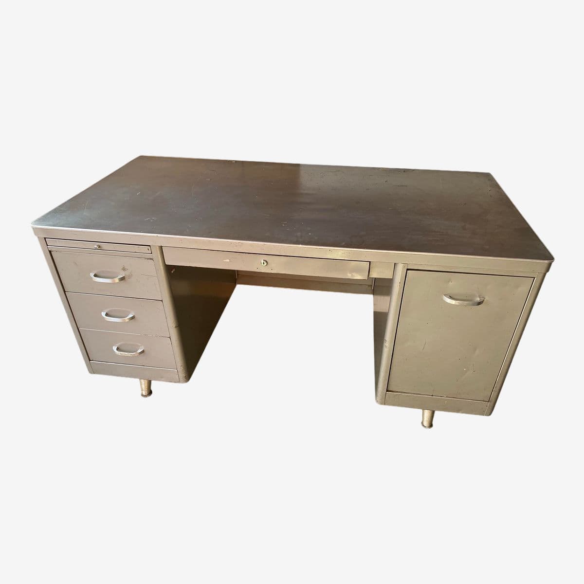 1960s Vintage Metal Tanker Desk With Typewriter Shelf - Image 1