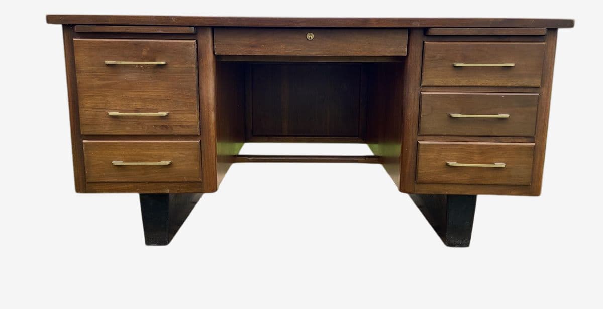 1970s Vintage Mid Century Modern Wooden Tanker Desk - Image 1