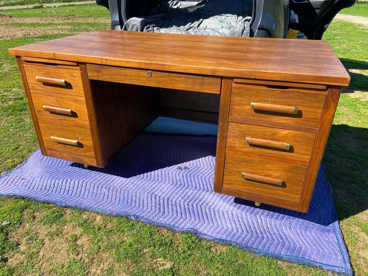 1960s Vintage Mid Century Modern Walnut Executive Tanker Desk - Thumbnail 7