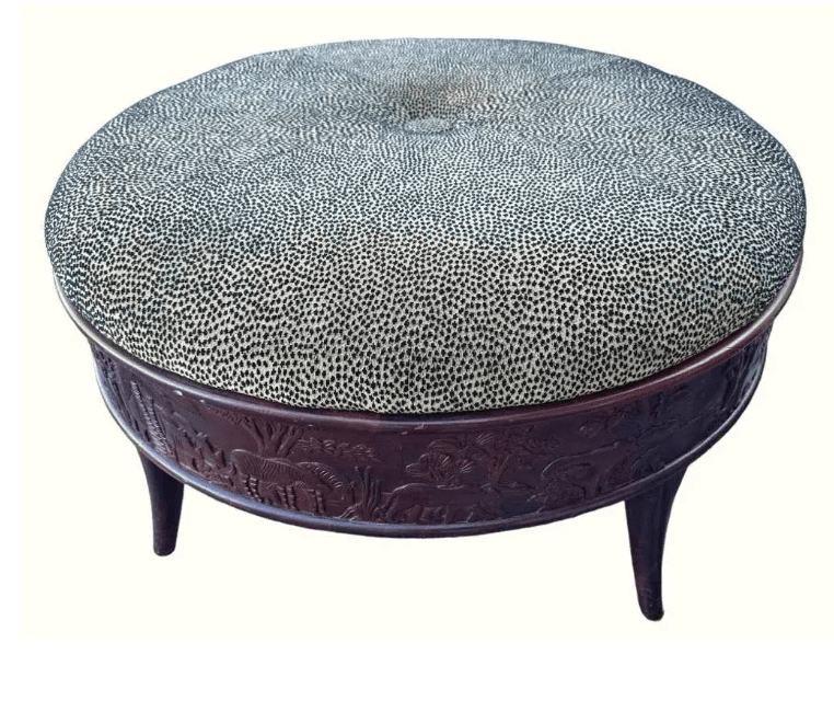 Teakwood and Cheetah Print Sam Moore Round Cocktail Ottoman - Thumbnail 3