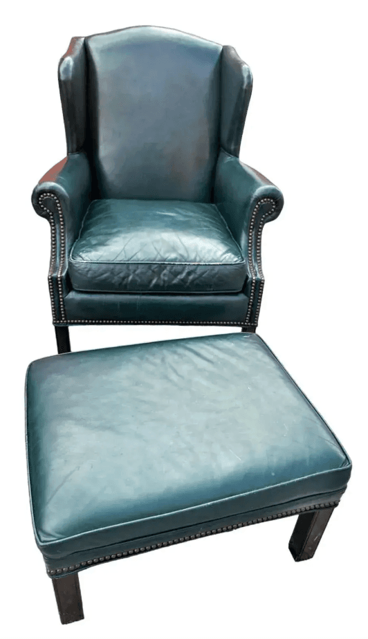 Vintage English Green Leather Chair and Ottoman Set - Thumbnail 3