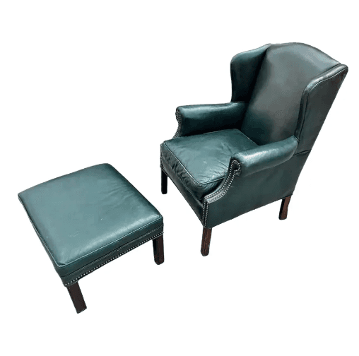 Vintage English Green Leather Chair and Ottoman Set