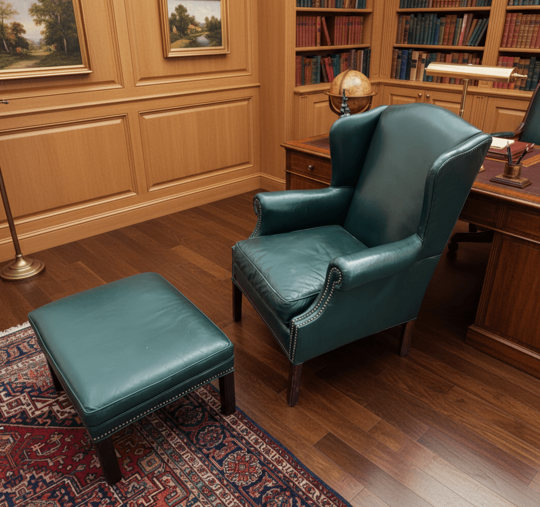 Vintage English Green Leather Chair and Ottoman Set - Thumbnail 2