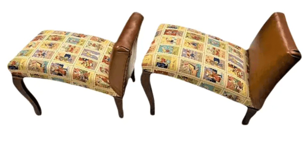 Pair of French Antique Footstools Upholstered in Mexican Lotería Fabric and Leather - Image 1