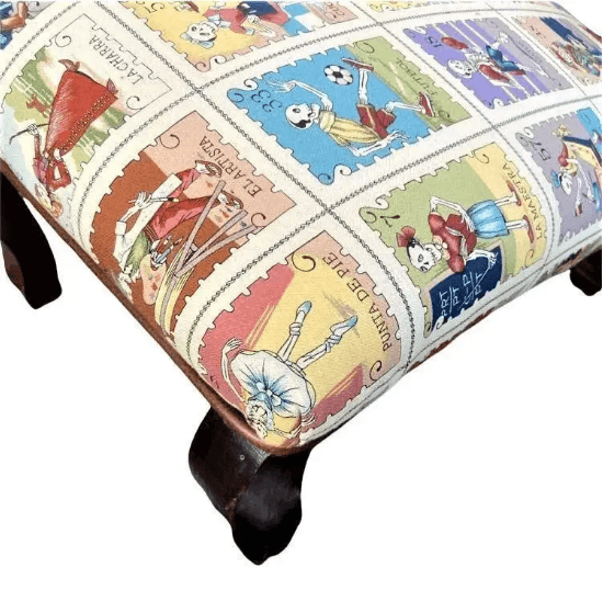 Pair of French Antique Footstools Upholstered in Mexican Lotería Fabric and Leather - Thumbnail 3