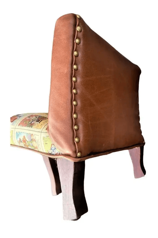 Pair of French Antique Footstools Upholstered in Mexican Lotería Fabric and Leather - Thumbnail 4