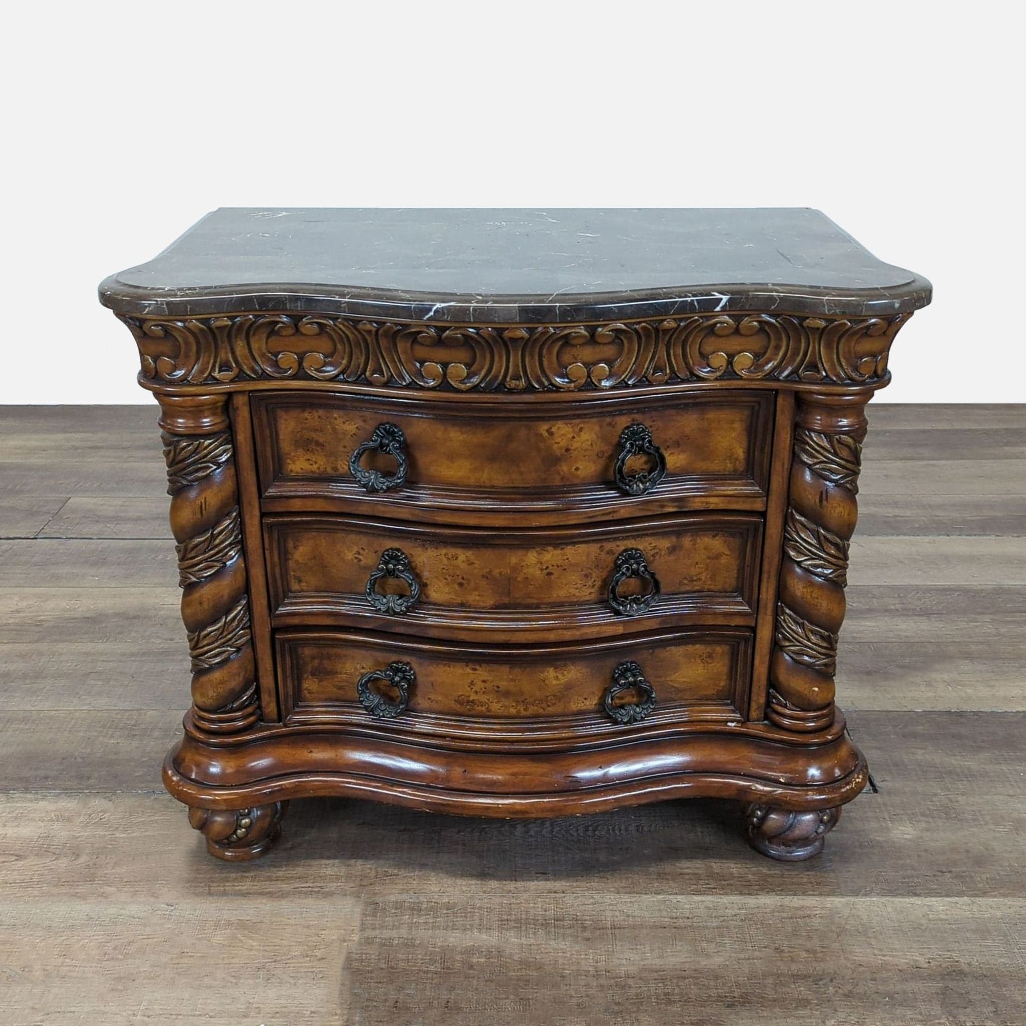 Heavily Carved Nightstand with Marble Top - Image 1