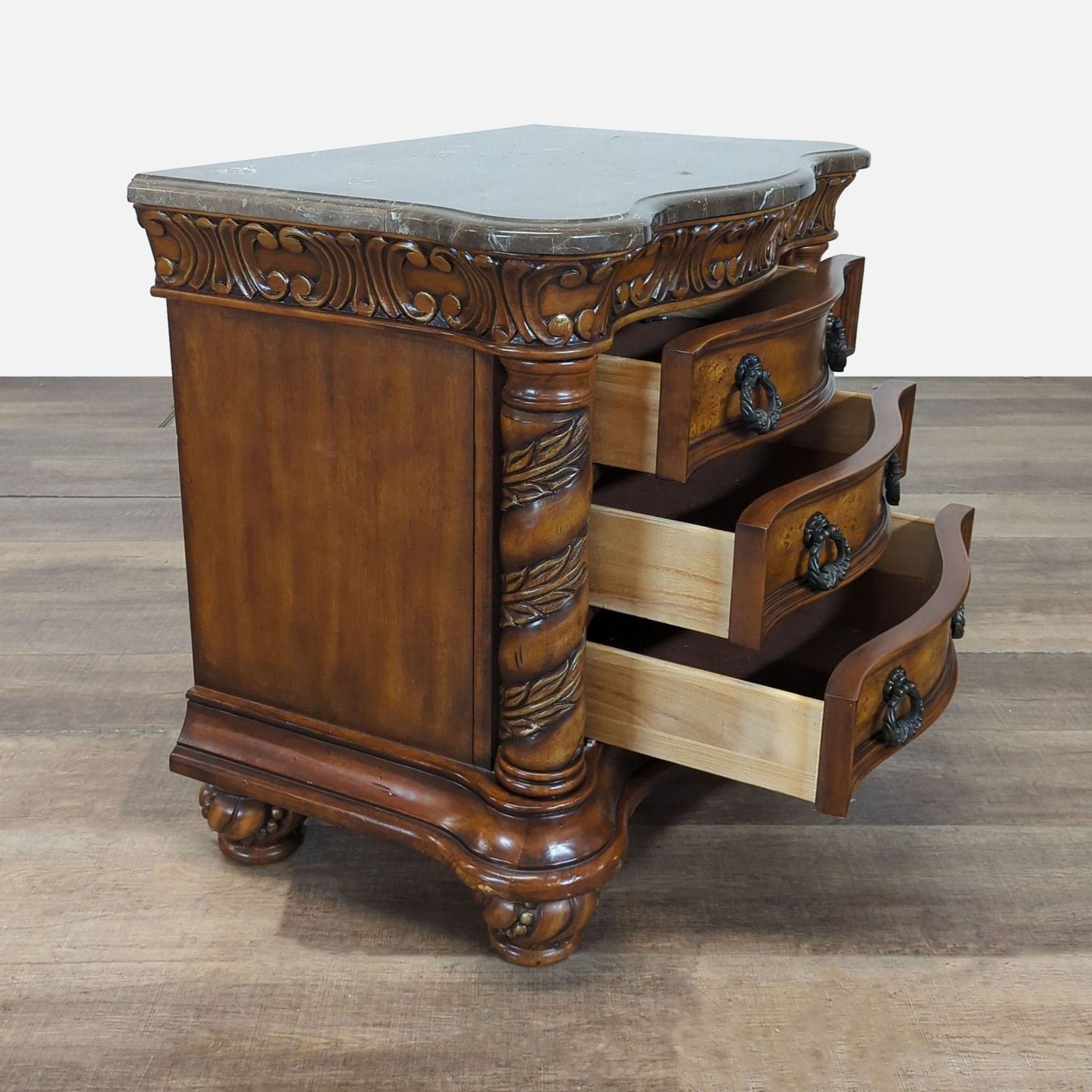Heavily Carved Nightstand with Marble Top - Thumbnail 2
