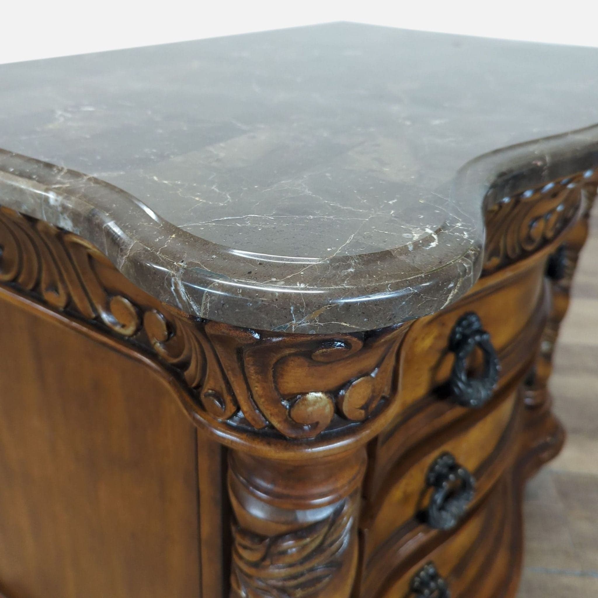 Heavily Carved Nightstand with Marble Top - Thumbnail 4