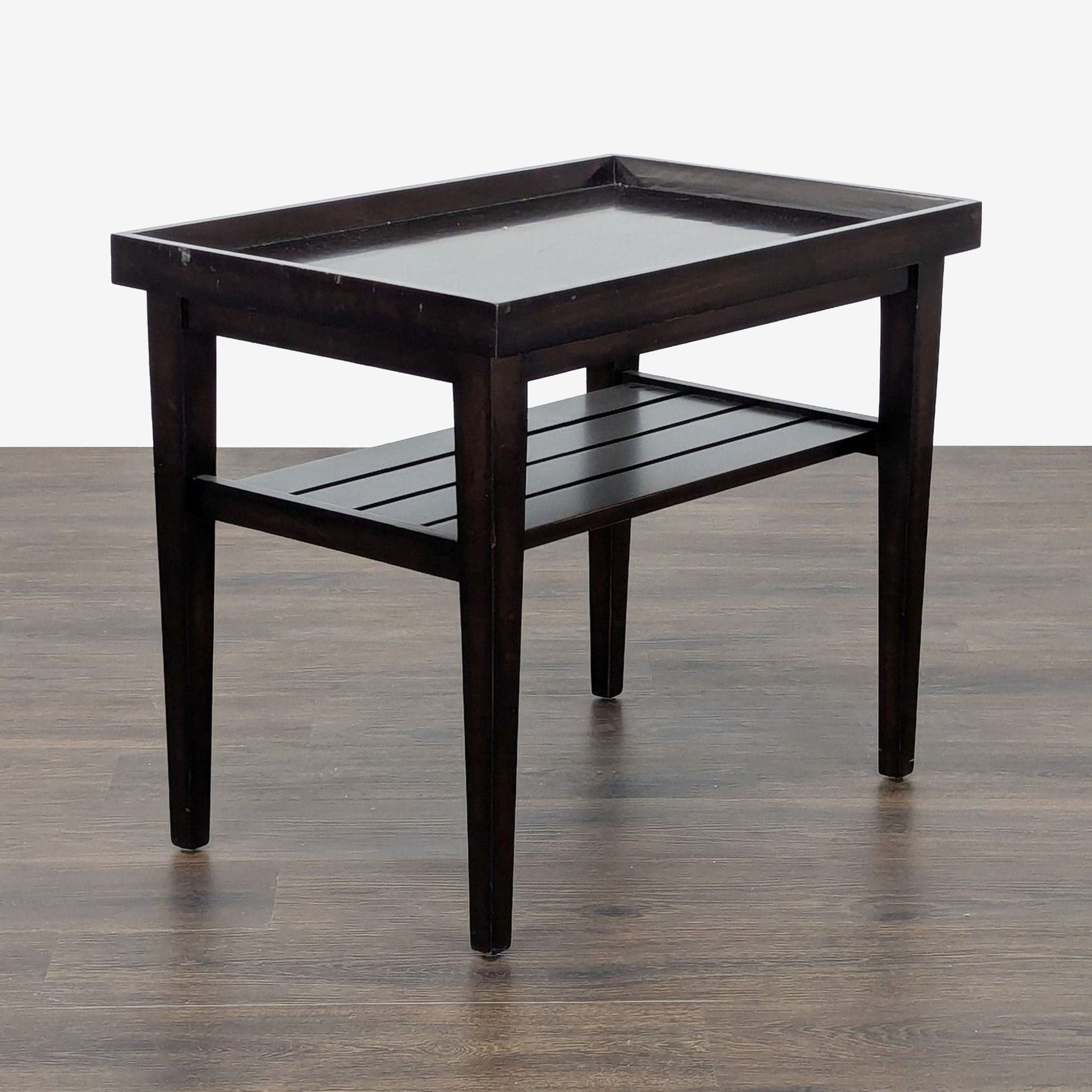 Wooden End Table with "Tray Top" and Slatted Shelf - Image 1