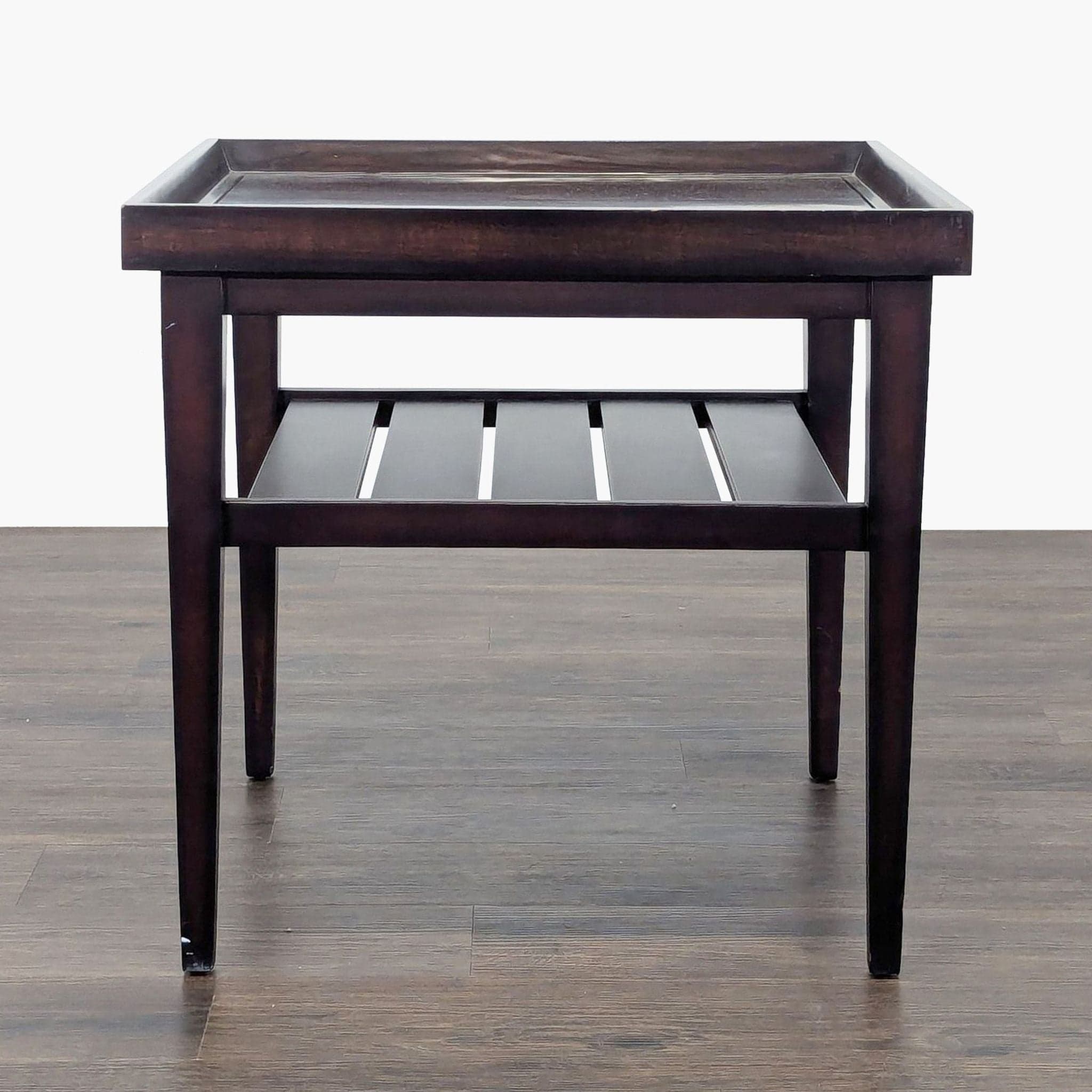 Wooden End Table with "Tray Top" and Slatted Shelf - Thumbnail 4