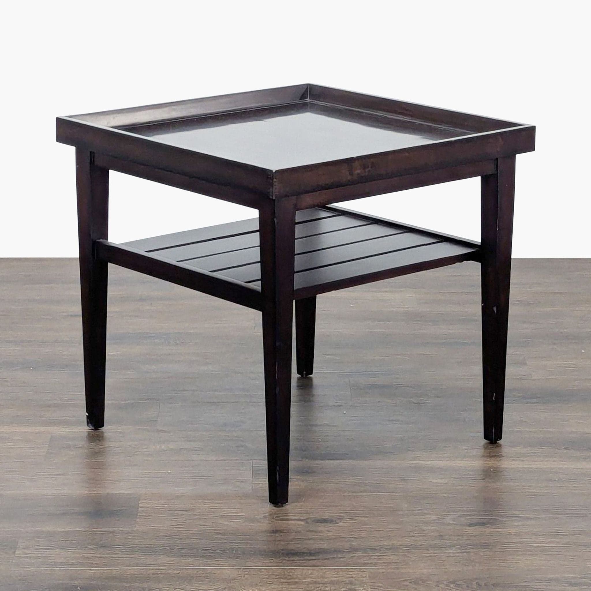 Wooden End Table with "Tray Top" and Slatted Shelf - Image 1