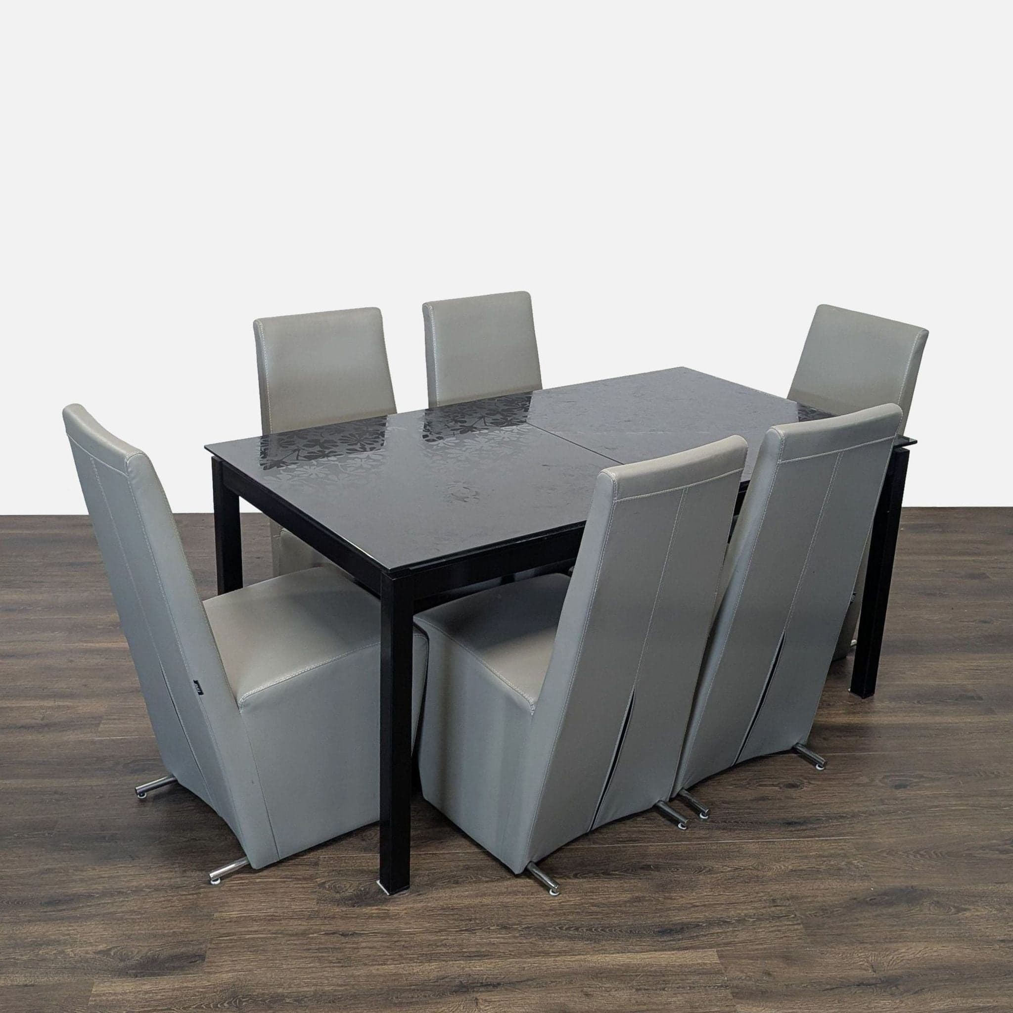 Modern Euro Style Eldora Black Glass Extension Dining Table with 6 Zuri Chairs - Thumbnail 4