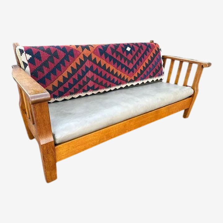 Antique Circa 1910 Oak Arts & Crafts Large 78” Settle With New Leather and Hand Made Persian Kilim Upholstered Cushions
