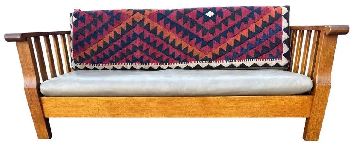 Antique Circa 1910 Oak Arts & Crafts Large 78” Settle With New Leather and Hand Made Persian Kilim Upholstered Cushions - Thumbnail 4