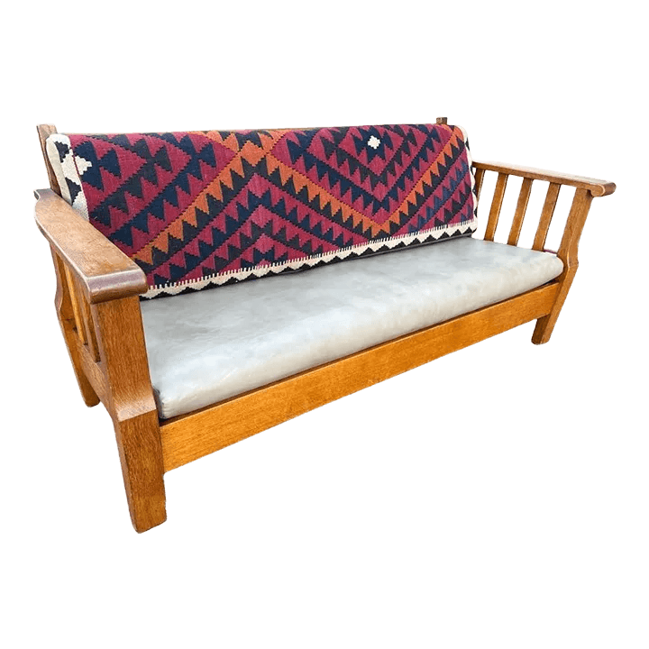 Antique Circa 1910 Oak Arts & Crafts Large 78” Settle With New Leather and Hand Made Persian Kilim Upholstered Cushions - Thumbnail 2