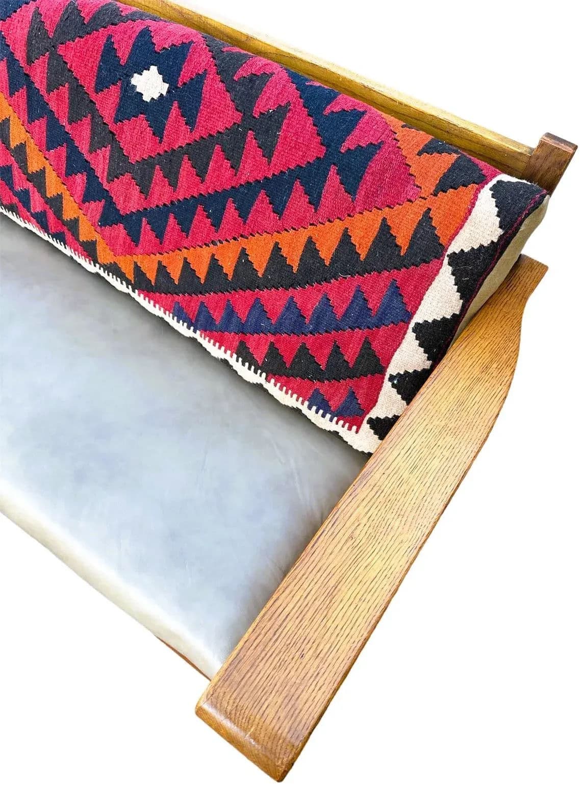 Antique Circa 1910 Oak Arts & Crafts Large 78” Settle With New Leather and Hand Made Persian Kilim Upholstered Cushions - Thumbnail 6