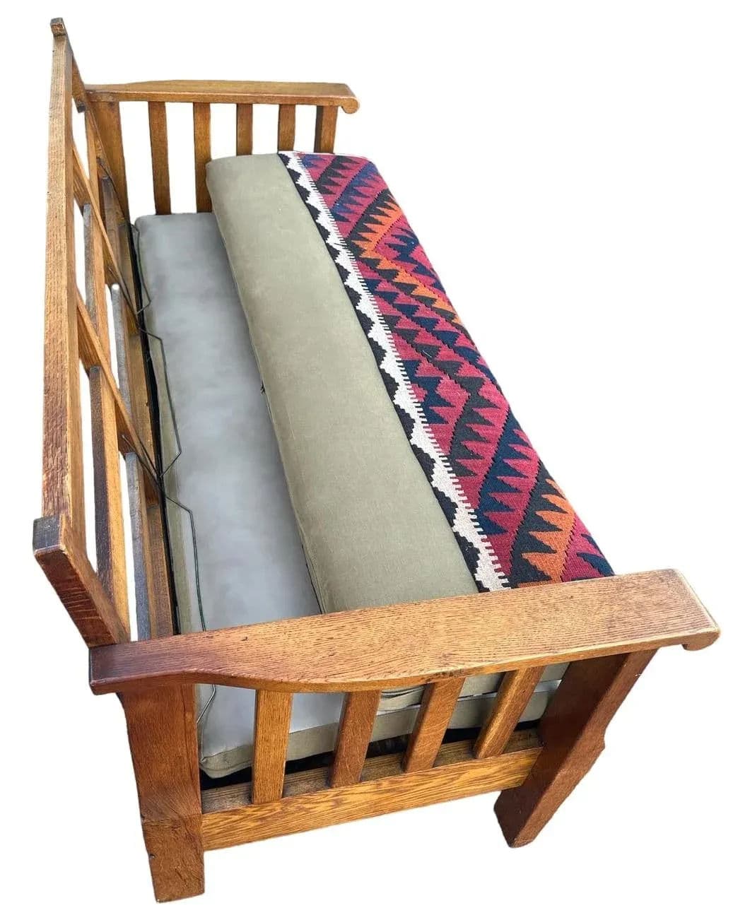 Antique Circa 1910 Oak Arts & Crafts Large 78” Settle With New Leather and Hand Made Persian Kilim Upholstered Cushions - Thumbnail 9