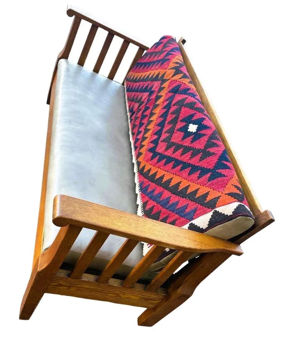 Antique Circa 1910 Oak Arts & Crafts Large 78” Settle With New Leather and Hand Made Persian Kilim Upholstered Cushions - Thumbnail 7