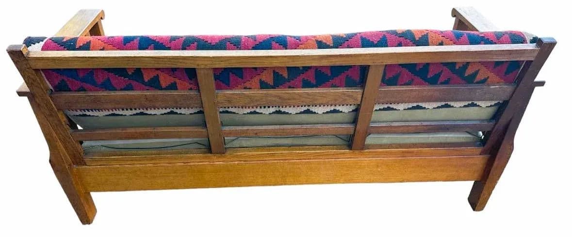 Antique Circa 1910 Oak Arts & Crafts Large 78” Settle With New Leather and Hand Made Persian Kilim Upholstered Cushions - Thumbnail 11