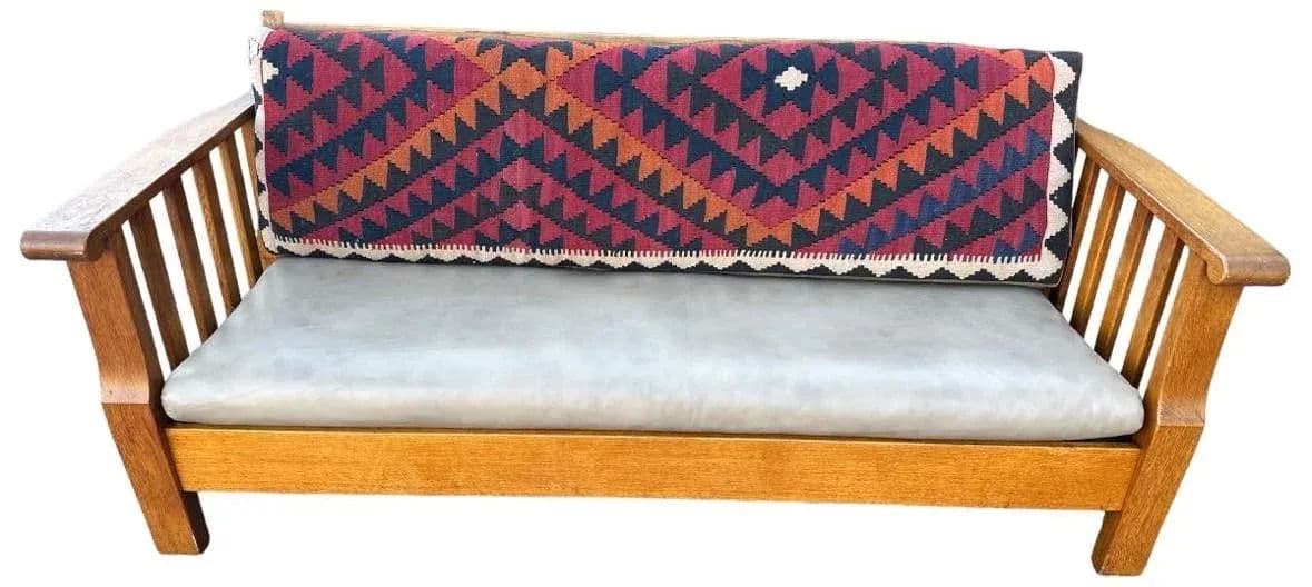 Antique Circa 1910 Oak Arts & Crafts Large 78” Settle With New Leather and Hand Made Persian Kilim Upholstered Cushions - Thumbnail 5