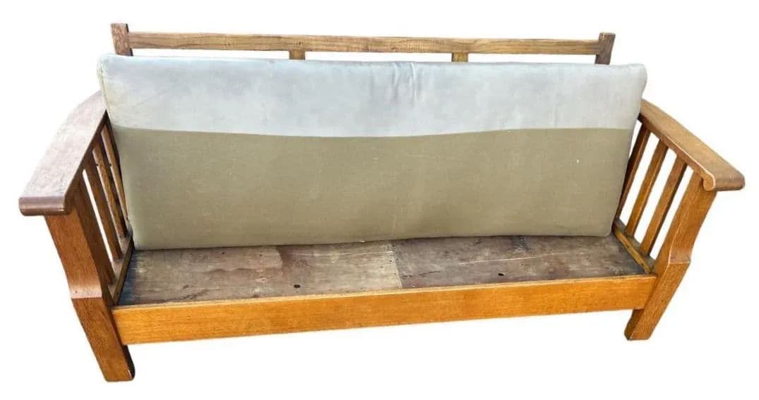 Antique Circa 1910 Oak Arts & Crafts Large 78” Settle With New Leather and Hand Made Persian Kilim Upholstered Cushions - Thumbnail 10