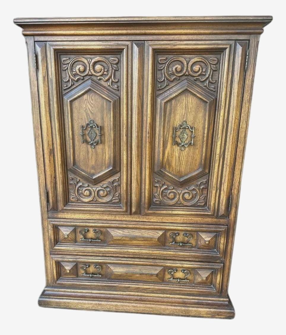 Spanish Colonial Revival Vintage Carved Solid Oak Gentleman's Chest or Armoire Crafted in North Carolina by United Furniture - Image 1