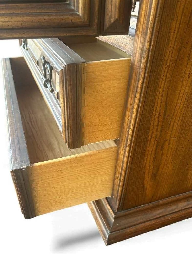 Spanish Colonial Revival Vintage Carved Solid Oak Gentleman's Chest or Armoire Crafted in North Carolina by United Furniture - Thumbnail 5