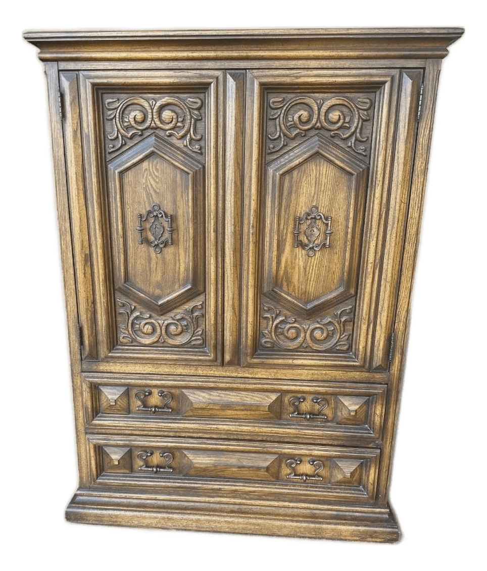 Spanish Colonial Revival Vintage Carved Solid Oak Gentleman's Chest or Armoire Crafted in North Carolina by United Furniture - Thumbnail 2