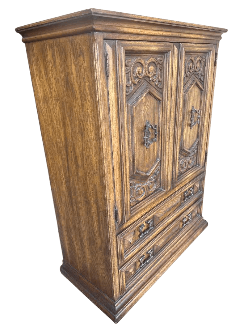 Spanish Colonial Revival Vintage Carved Solid Oak Gentleman's Chest or Armoire Crafted in North Carolina by United Furniture - Thumbnail 6