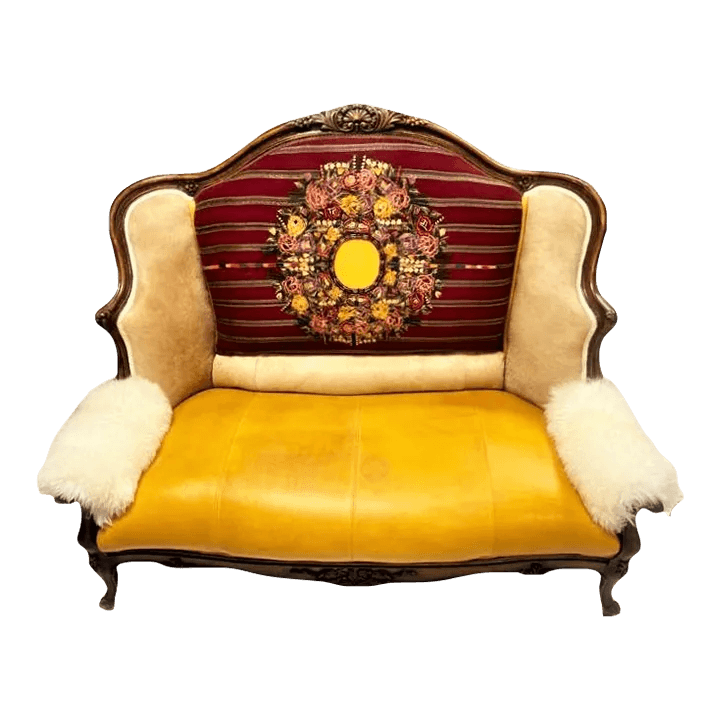 Late 19th Century French Settee With Guatemalan Hand Embroidery, Cowhide and Sheepskin - Thumbnail 2