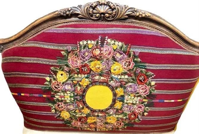 Late 19th Century French Settee With Guatemalan Hand Embroidery, Cowhide and Sheepskin - Thumbnail 4