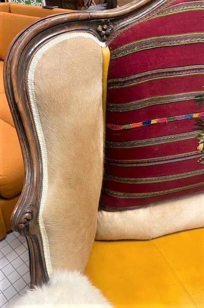 Late 19th Century French Settee With Guatemalan Hand Embroidery, Cowhide and Sheepskin - Thumbnail 10