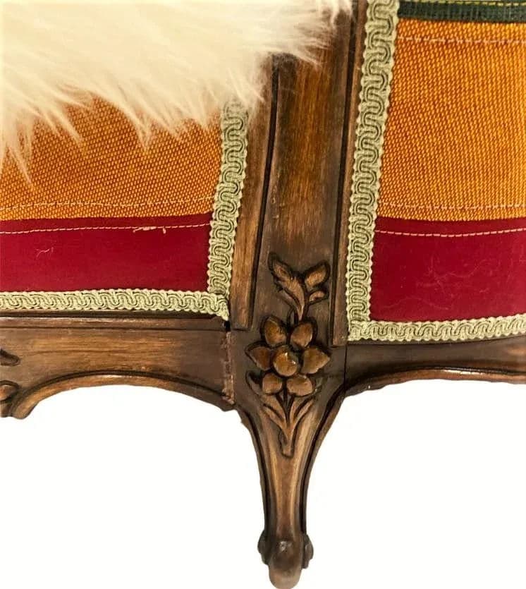 Late 19th Century French Settee With Guatemalan Hand Embroidery, Cowhide and Sheepskin - Thumbnail 7