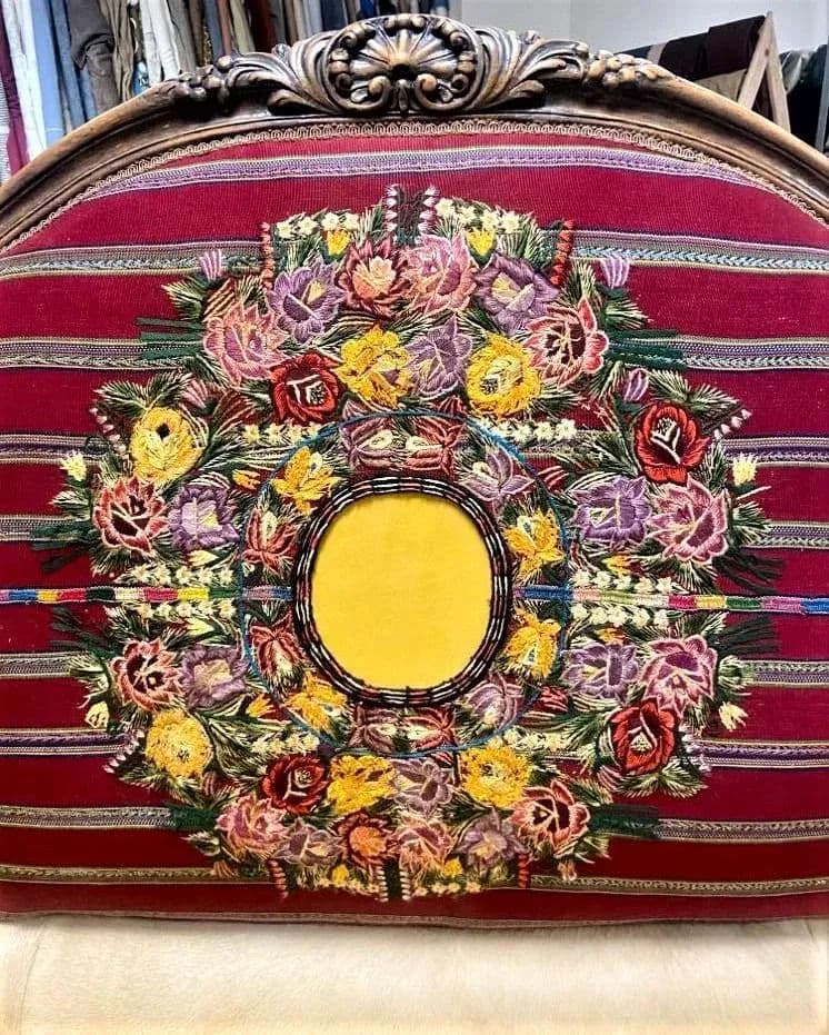 Late 19th Century French Settee With Guatemalan Hand Embroidery, Cowhide and Sheepskin - Thumbnail 9