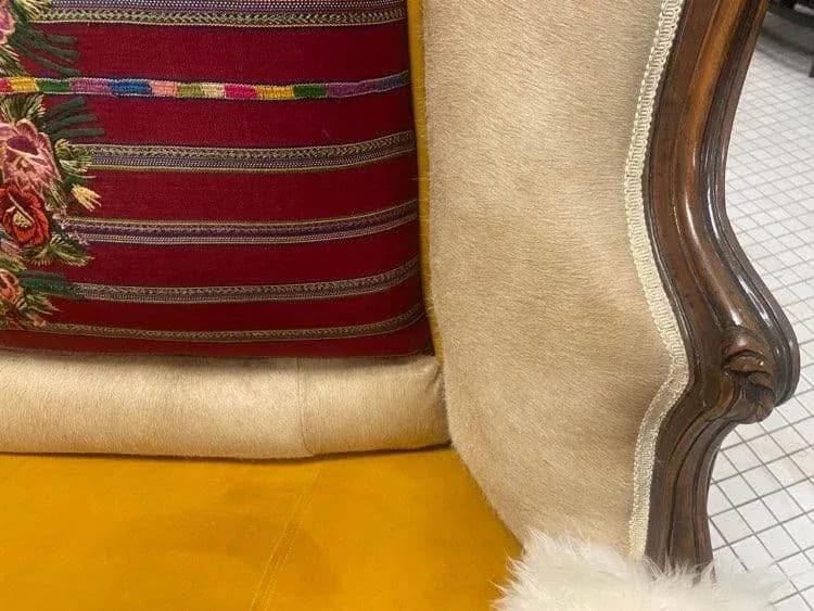 Late 19th Century French Settee With Guatemalan Hand Embroidery, Cowhide and Sheepskin - Thumbnail 11