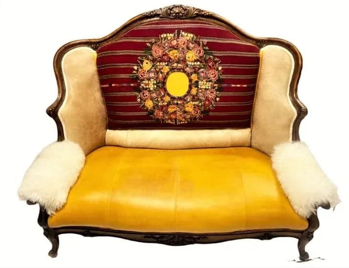 Late 19th Century French Settee With Guatemalan Hand Embroidery, Cowhide and Sheepskin - Thumbnail 12