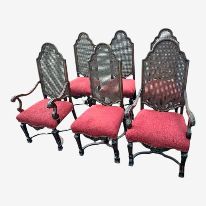 Antique Spanish Renaissance Style Walnut and Caning Dining Chairs - Set of 6 - Circa 1910