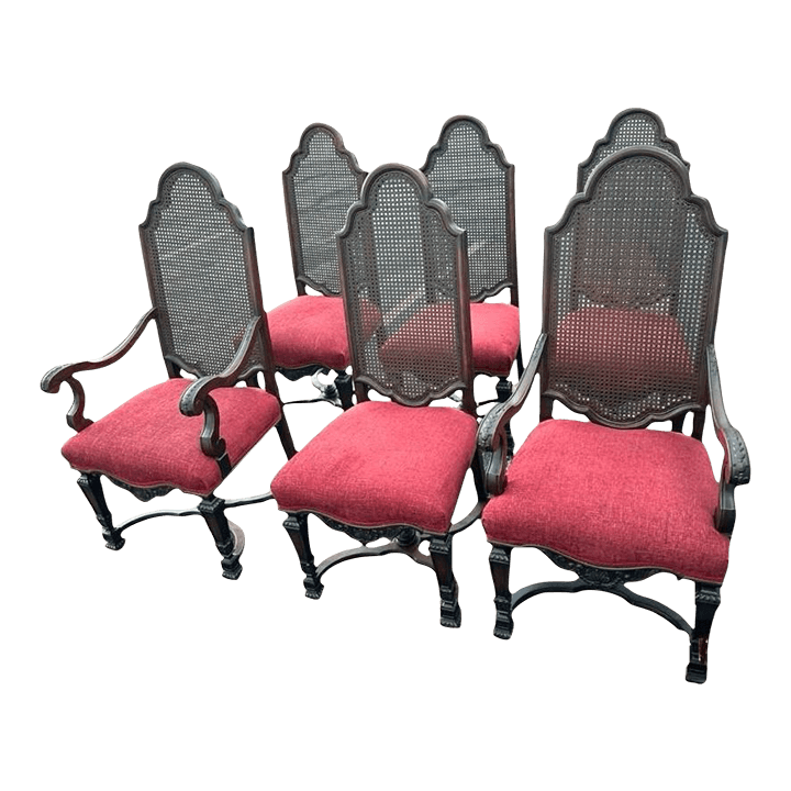 Antique Spanish Renaissance Style Walnut and Caning Dining Chairs - Set of 6 - Circa 1910 - Thumbnail 2